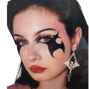 GOTHIC Style Silver Metallic and  Red Droplet Bat and Cross Earrings & N…